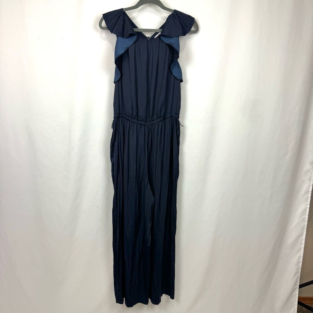 Loft Navy Satin Silky Flutter Sleeve Wide Leg Jumpsuit Sz 8 Contemporary Modern - Picture 3 of 16